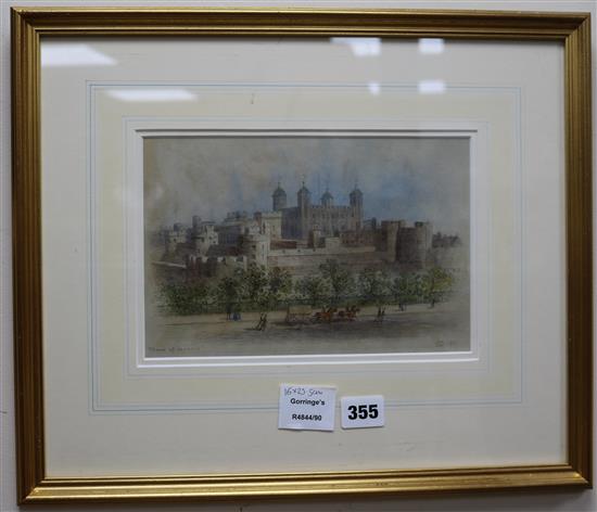 E.D., pencil and watercolour, view of the Tower of London, initialled and dated 1887, 15 x 23cm